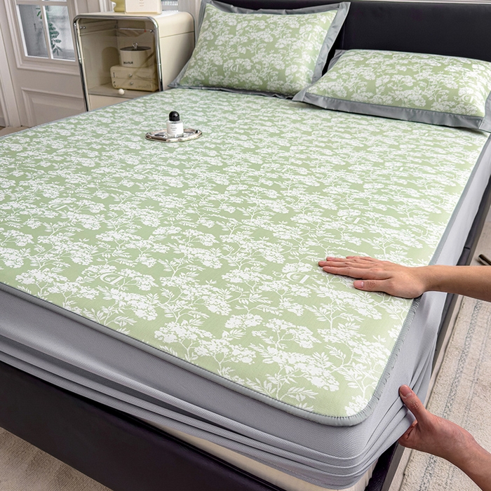 91家纺网 家纺一手货源 找家纺 莱家富 2025新款A类乙纶凉席冰丝席-繁花 繁花-冰韵绿床笠