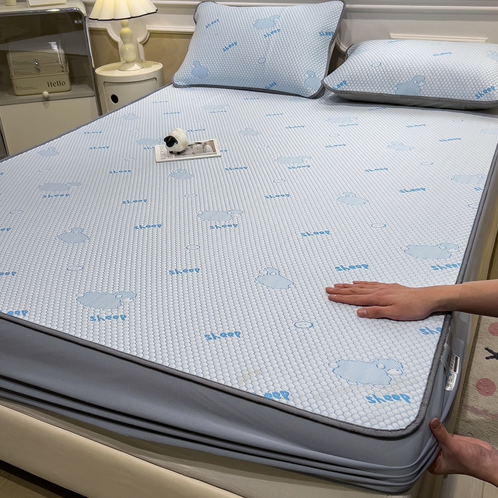 91家纺网 家纺一手货源 找家纺 莱家富 2025新款A类凉感豆豆凉席冰丝席-sheep小羊 sheep-清新蓝床笠款