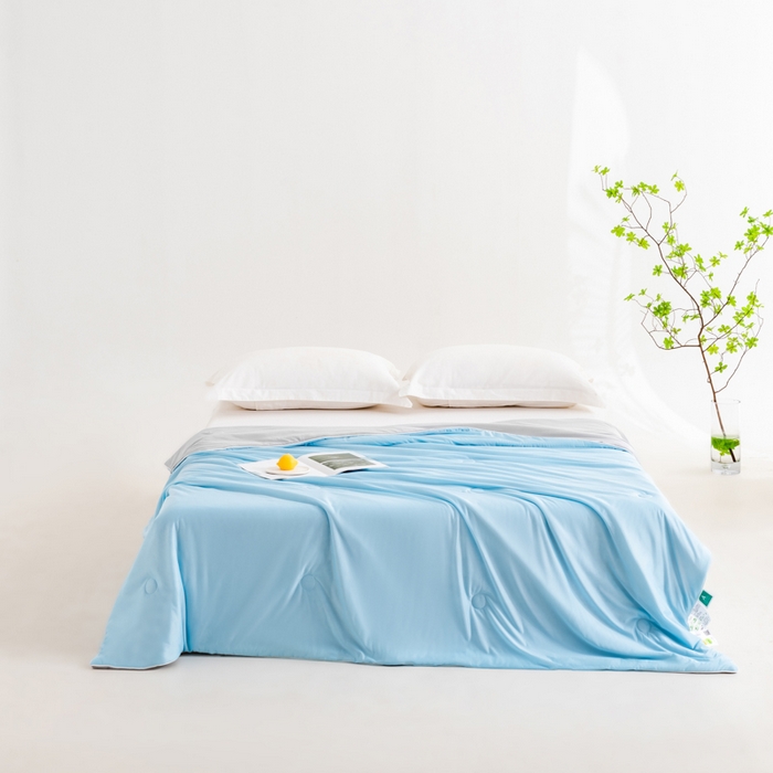 91家纺网 家纺一手货源 找家纺 莱家富 2025新款A类云母凉感丝冰淇淋夏被天丝瓜瓜夏被夏凉被空调被 月光蓝+灰