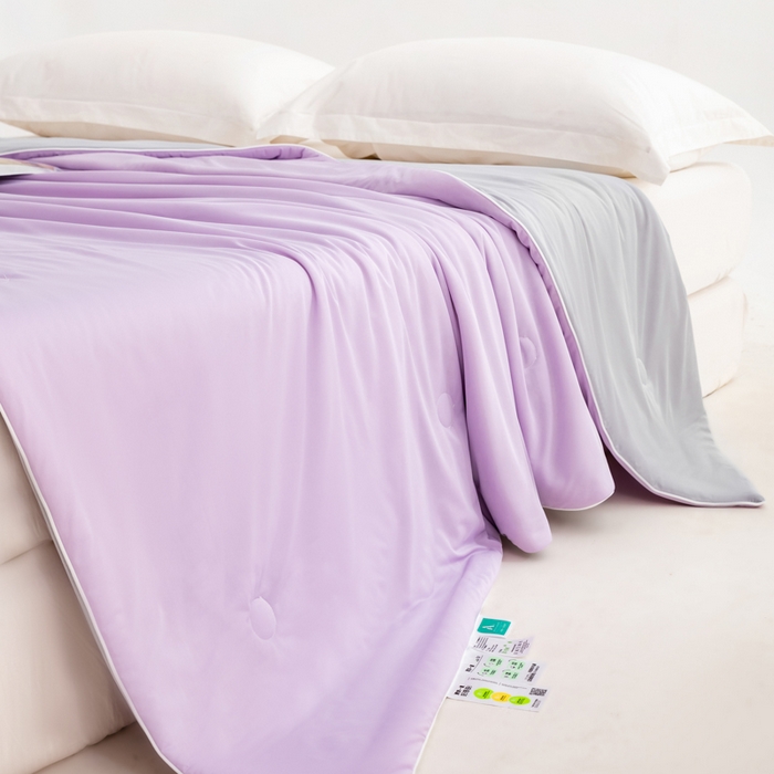 91家纺网 家纺一手货源 找家纺 莱家富 2025新款A类云母凉感丝冰淇淋夏被天丝瓜瓜夏被夏凉被空调被 丁香紫+灰