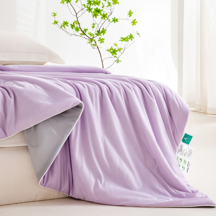 91家纺网 家纺一手货源 找家纺 莱家富 2025新款A类云母凉感丝冰淇淋夏被天丝瓜瓜夏被夏凉被空调被 丁香紫+灰