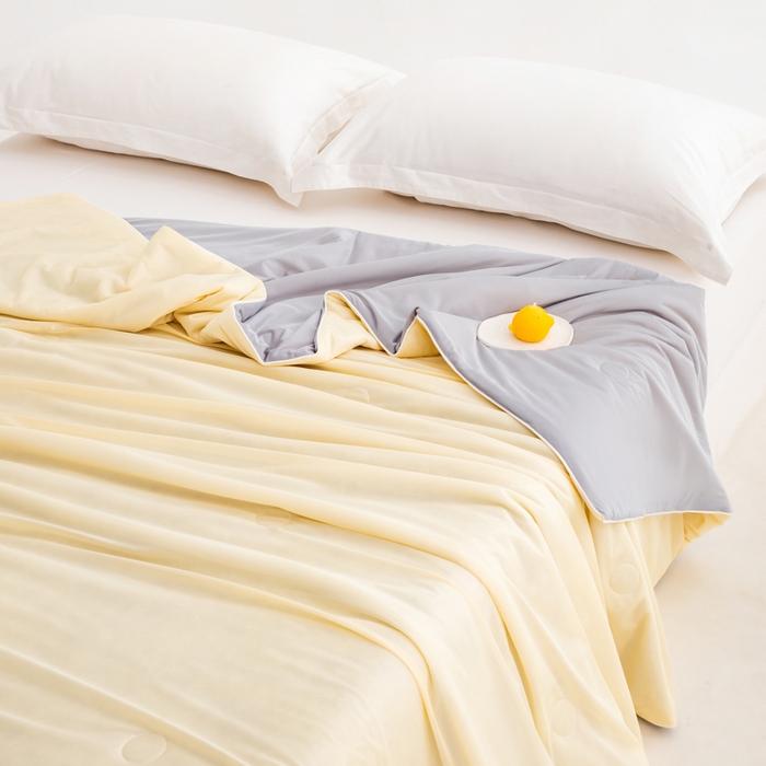 91家纺网 家纺一手货源 找家纺 莱家富 2025新款A类云母凉感丝冰淇淋夏被天丝瓜瓜夏被夏凉被空调被 柠檬黄+灰