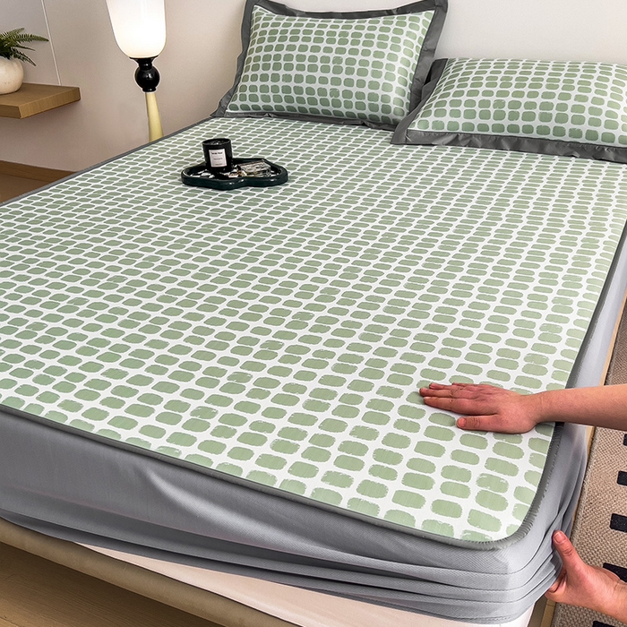 91家纺网 家纺一手货源 找家纺 莱家富 2025新款乙纶凉席冰丝席-绮梦 果绿-床笠款