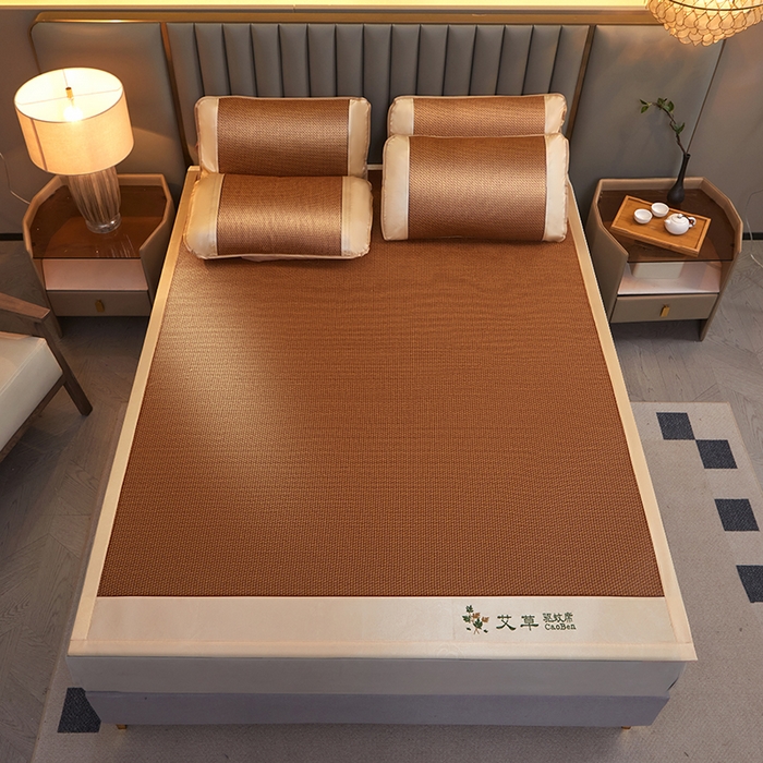 91家纺网 家纺一手货源 找家纺 莱家富 2025新款艾草刺绣藤席套件 艾草步步高