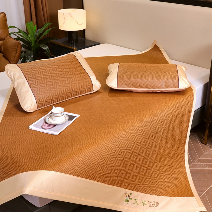 91家纺网 家纺一手货源 找家纺 （总）莱家富 2025新款双面艾草刺绣藤席套件