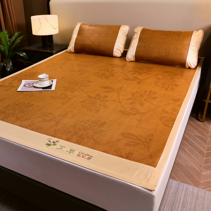 91家纺网 家纺一手货源 找家纺 莱家富 2025新款双面艾草刺绣藤席套件 双面席水中花