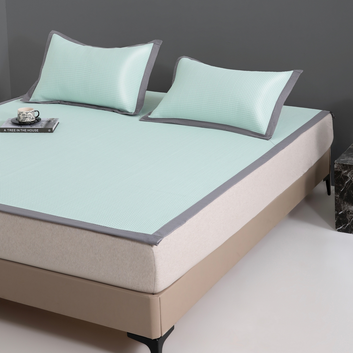 91家纺网 家纺一手货源 找家纺 耀悦家纺2025新款聚乙烯乙纶凉席pe凉感华夫格凉席三件套床笠床席子 华夫格-水绿