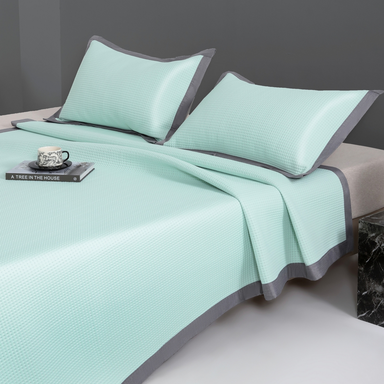 91家纺网 家纺一手货源 找家纺 耀悦家纺2025新款聚乙烯乙纶凉席pe凉感华夫格凉席三件套床笠床席子 华夫格-水绿