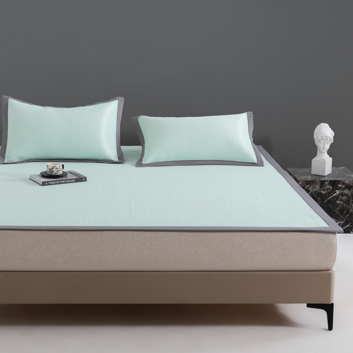 91家纺网 家纺一手货源 找家纺 耀悦家纺2025新款聚乙烯乙纶凉席pe凉感华夫格凉席三件套床笠床席子 华夫格-水绿