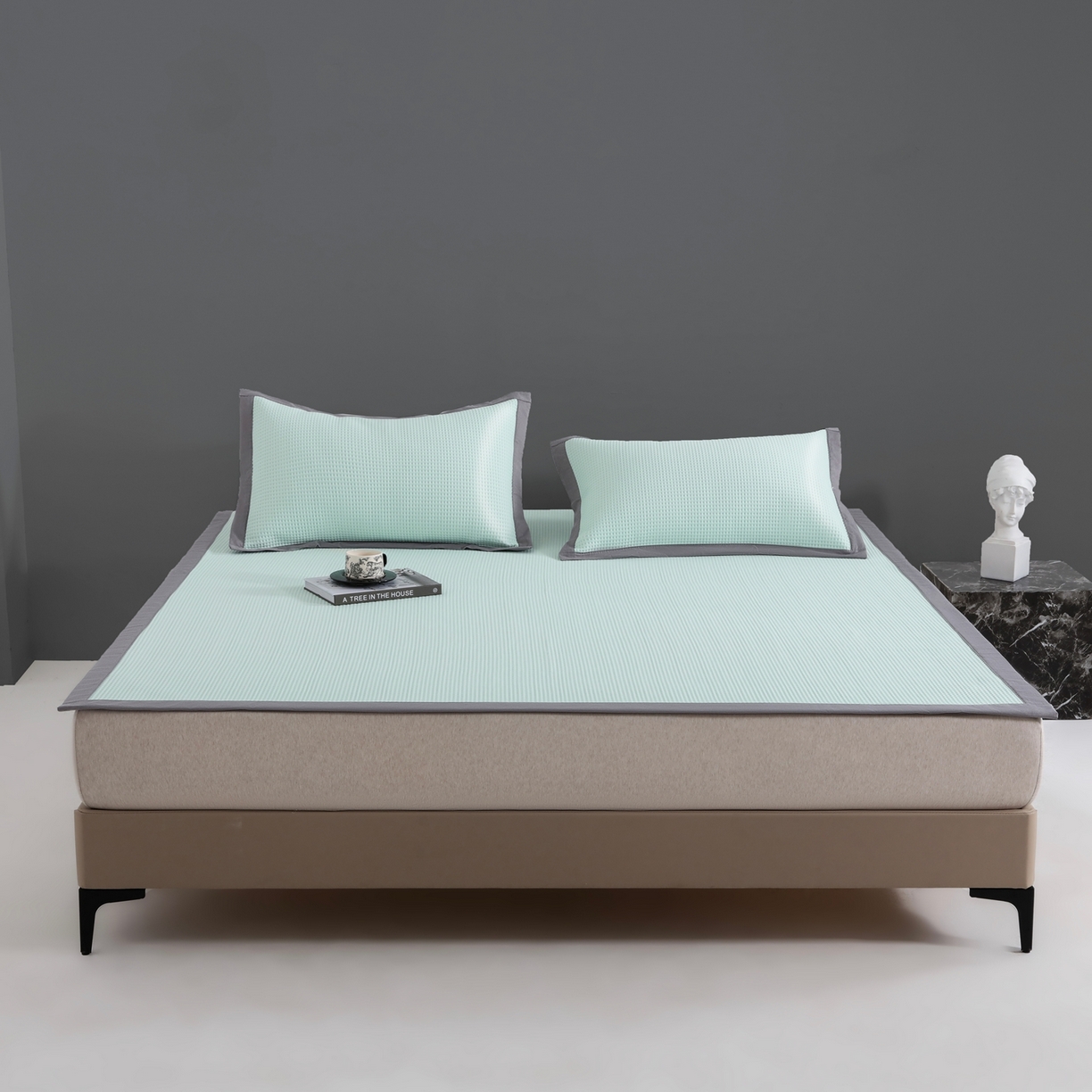 91家纺网 家纺一手货源 找家纺 耀悦家纺2025新款聚乙烯乙纶凉席pe凉感华夫格凉席三件套床笠床席子 华夫格-水绿