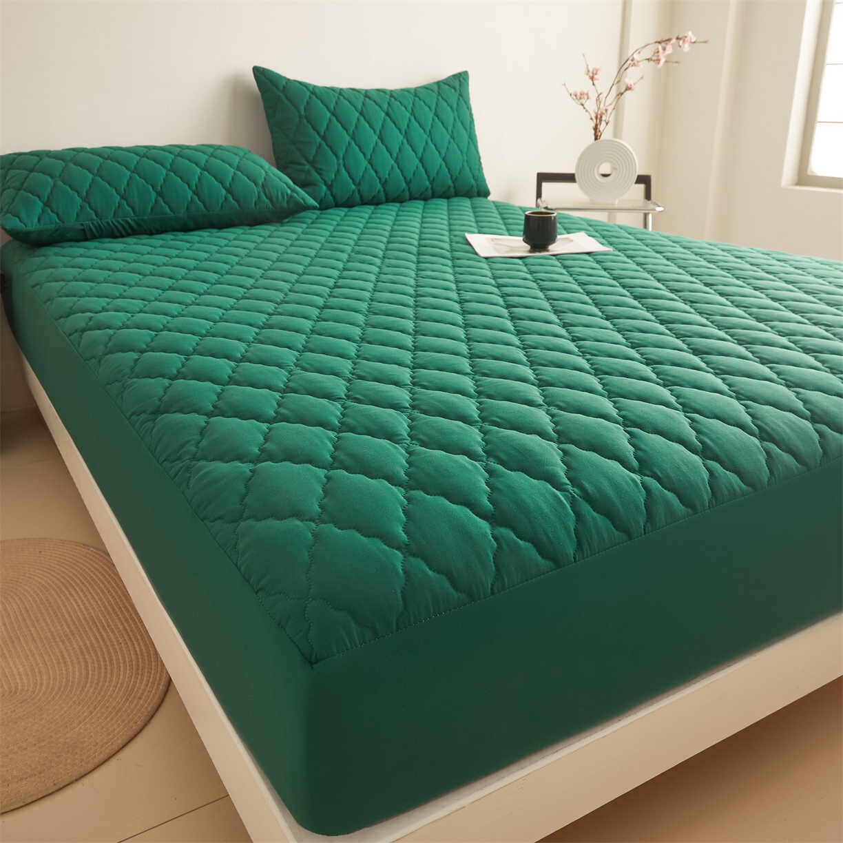 91家纺网 家纺一手货源 找家纺 雯豆家纺 2025新品外贸亚马逊纯色防水夹棉床笠跨境电商速卖通床罩可定制尺寸 菱形格防水床笠-墨绿