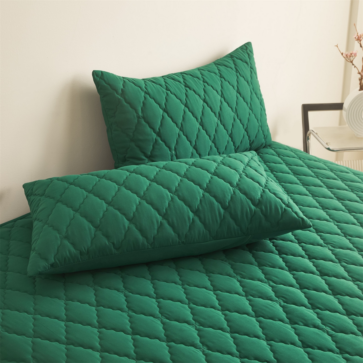 91家纺网 家纺一手货源 找家纺 雯豆家纺 2025新品外贸亚马逊纯色防水夹棉床笠跨境电商速卖通床罩可定制尺寸 菱形格防水床笠-墨绿