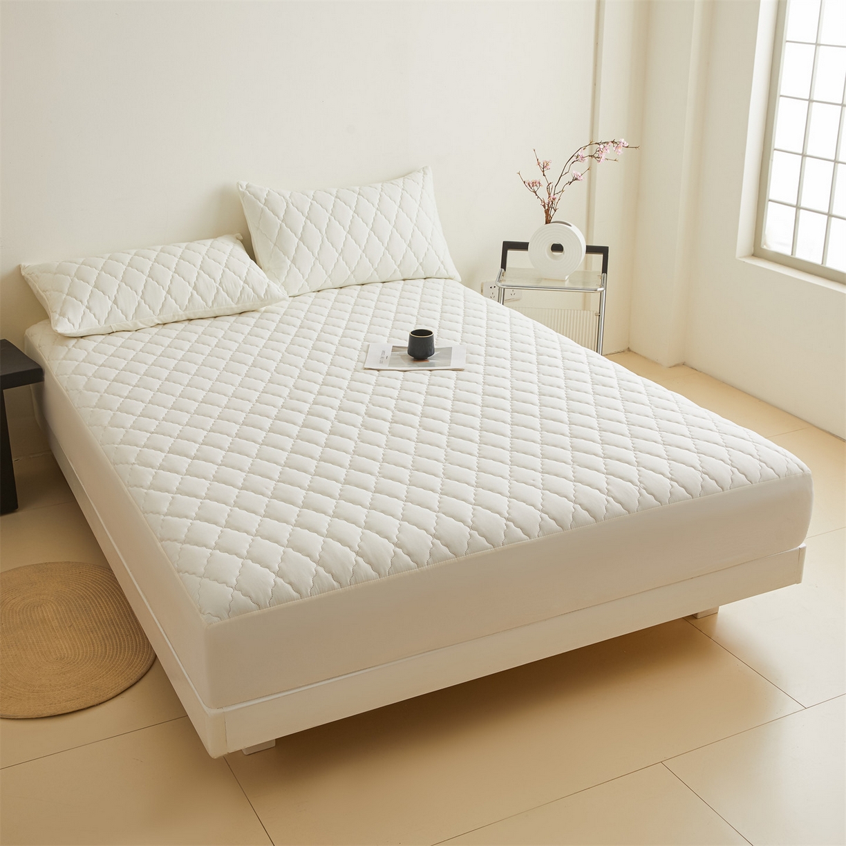 91家纺网 家纺一手货源 找家纺 （总）雯豆家纺 2025新品外贸亚马逊纯色防水夹棉床笠跨境电商速卖通床罩可定制尺寸