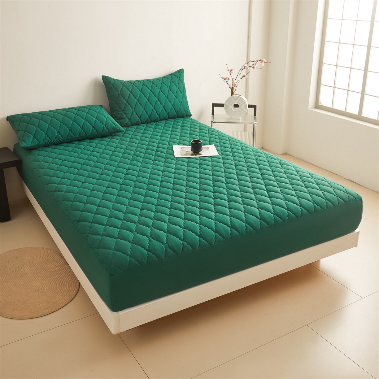 91家纺网 家纺一手货源 找家纺 雯豆家纺 2025新品外贸亚马逊纯色防水夹棉床笠跨境电商速卖通床罩可定制尺寸 菱形格防水床笠-墨绿