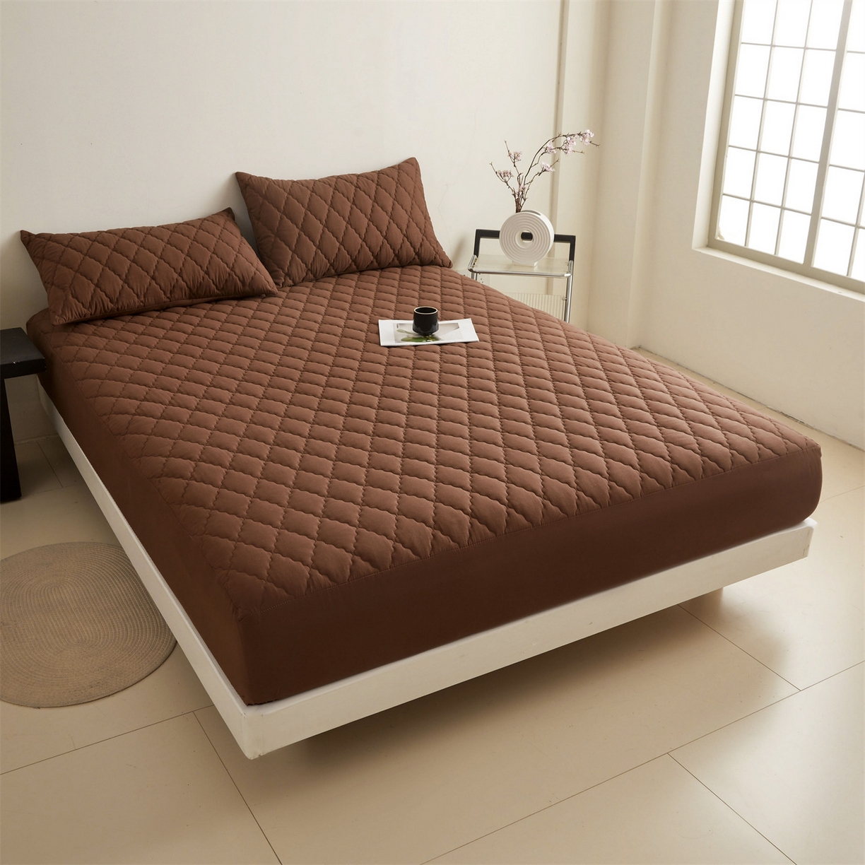 91家纺网 家纺一手货源 找家纺 雯豆家纺 2025新品外贸亚马逊纯色防水夹棉床笠跨境电商速卖通床罩可定制尺寸 菱形格防水床笠-深棕