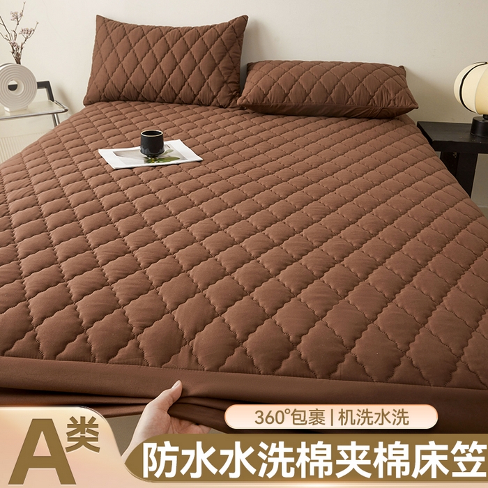 91家纺网 家纺一手货源 找家纺 雯豆家纺 2025新品外贸亚马逊纯色防水夹棉床笠跨境电商速卖通床罩可定制尺寸 菱形格防水床笠-深棕