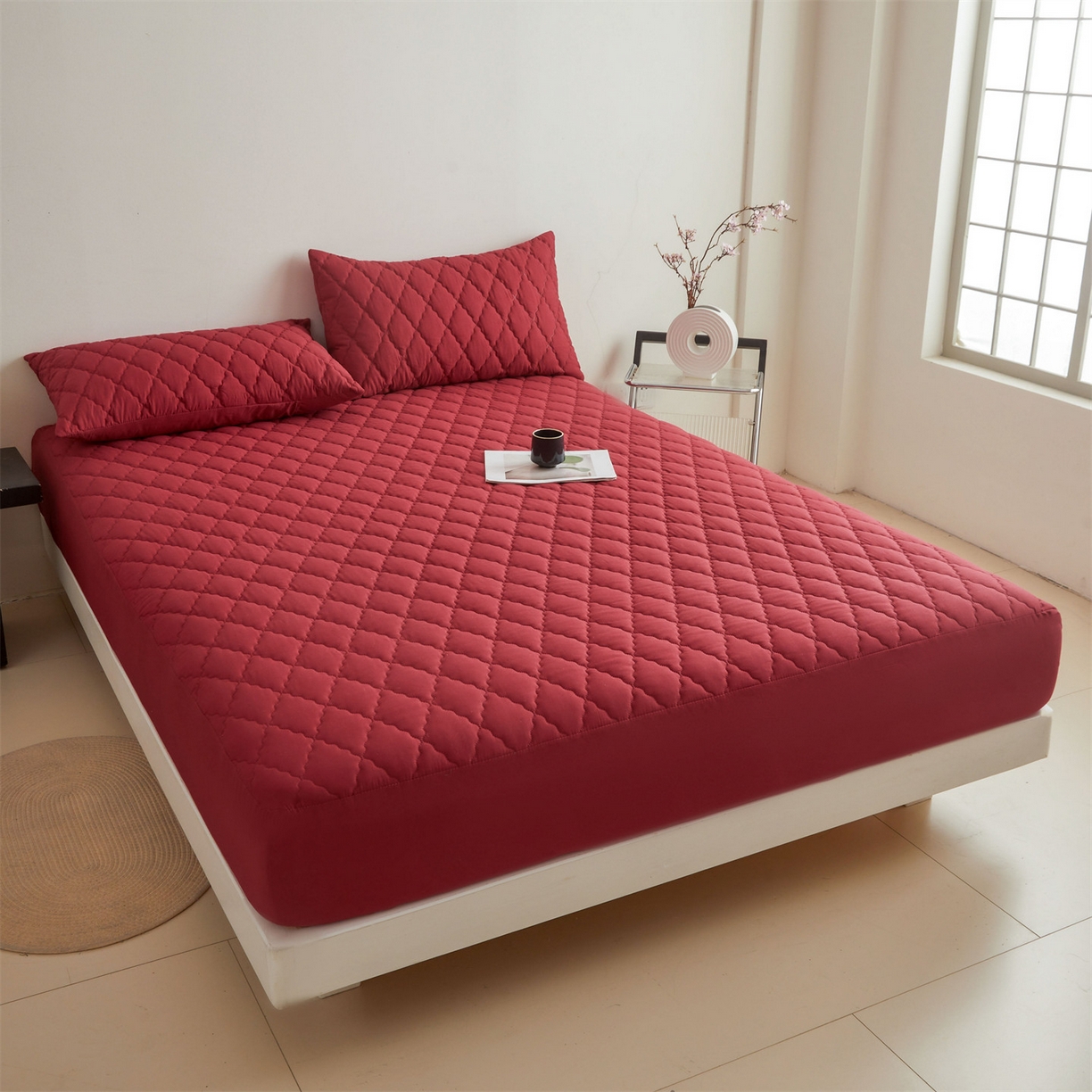 91家纺网 家纺一手货源 找家纺 雯豆家纺 2025新品外贸亚马逊纯色防水夹棉床笠跨境电商速卖通床罩可定制尺寸 菱形格防水床笠-酒红