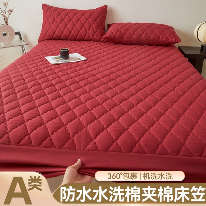 91家纺网 家纺一手货源 找家纺 雯豆家纺 2025新品外贸亚马逊纯色防水夹棉床笠跨境电商速卖通床罩可定制尺寸 菱形格防水床笠-酒红