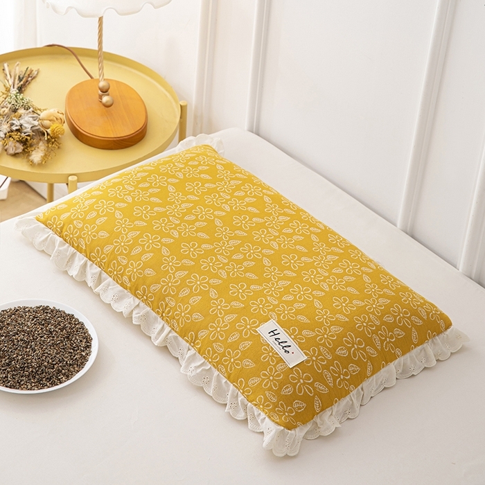 91家纺网 家纺一手货源 找家纺 （总）织布人 2023新款荞麦枕全棉双层纱蕾丝花边全荞麦枕头护颈硬枕芯-水仙