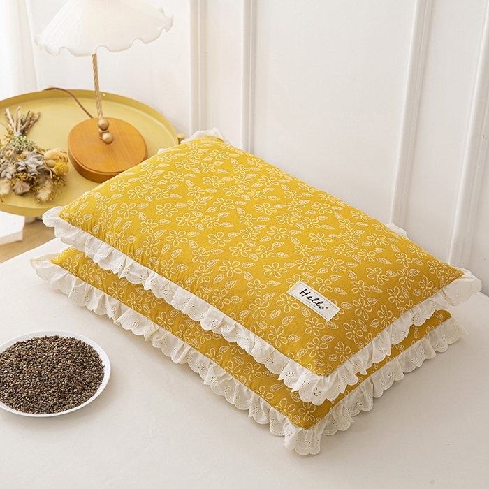 （总）织布人 2023新款荞麦枕全棉双层纱蕾丝花边全荞麦枕头护颈硬枕芯-水仙