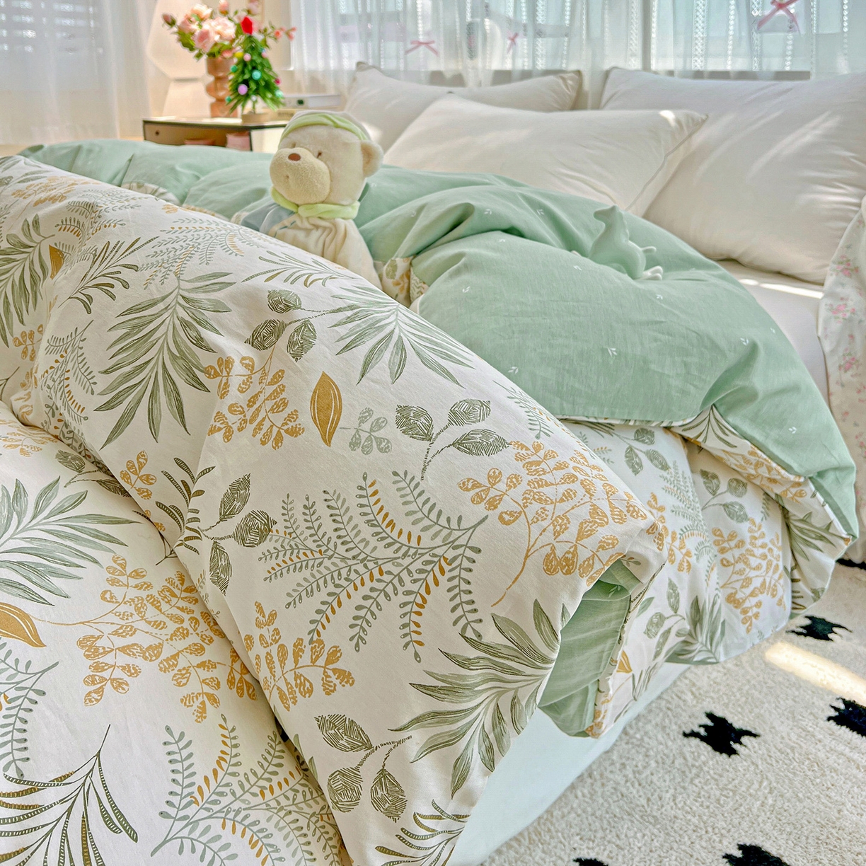 91家纺网 家纺一手货源 找家纺 依庭2025春夏新款12868全棉纯棉四件套 花影轻颜-绿