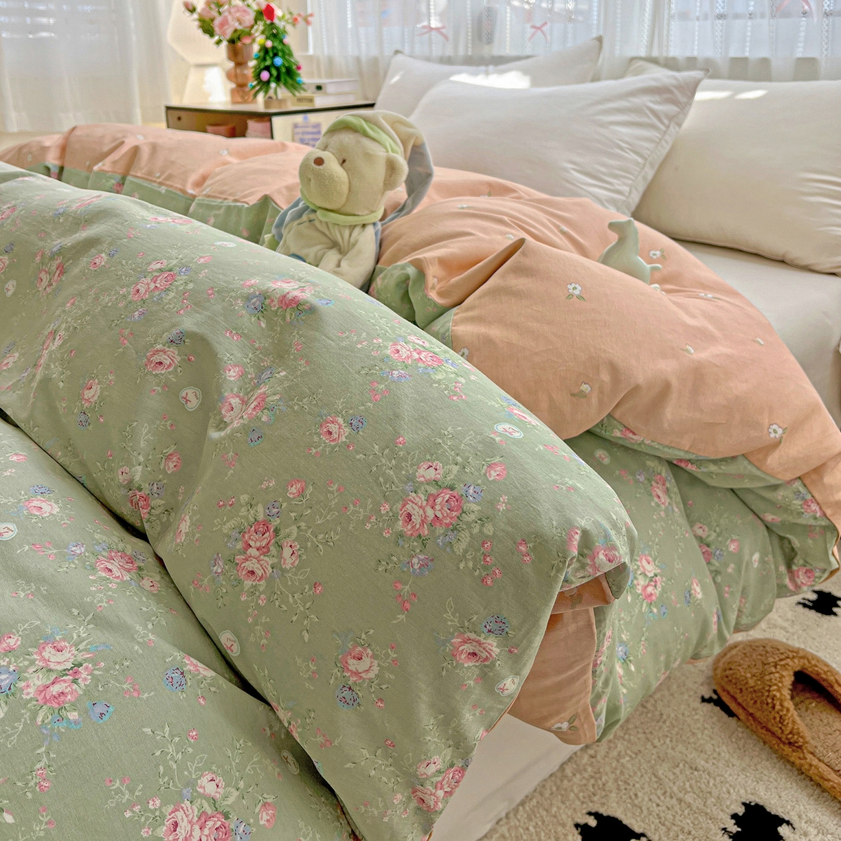 91家纺网 家纺一手货源 找家纺 依庭2025春夏新款12868全棉纯棉四件套 沐熙花-绿