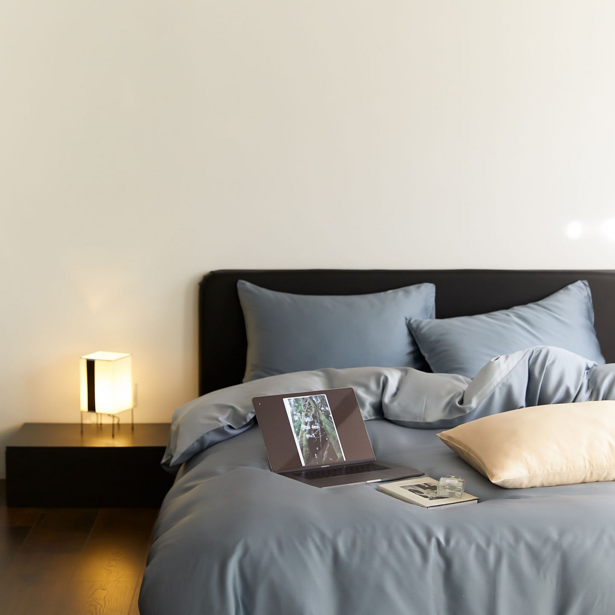 91家纺网 家纺一手货源 找家纺 群鹿蚕丝羽绒馆 2025新款60支兰精天丝纯色双拼四件套 灰蓝色-冰川灰