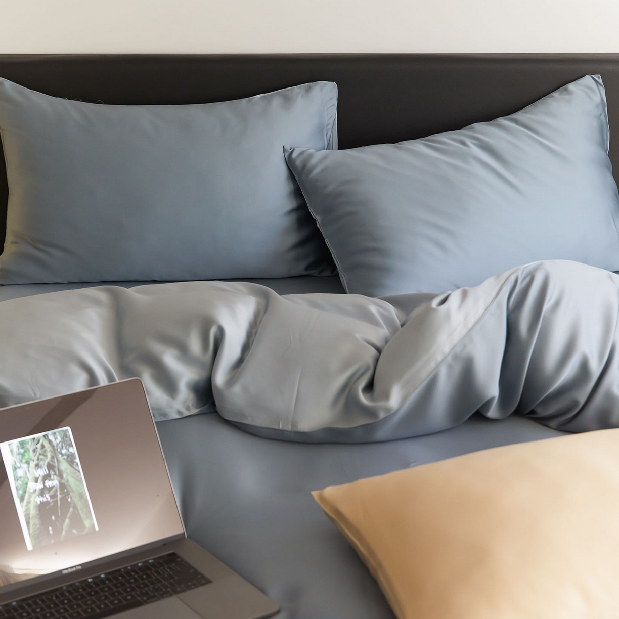 91家纺网 家纺一手货源 找家纺 群鹿蚕丝羽绒馆 2025新款60支兰精天丝纯色双拼四件套 灰蓝色-冰川灰