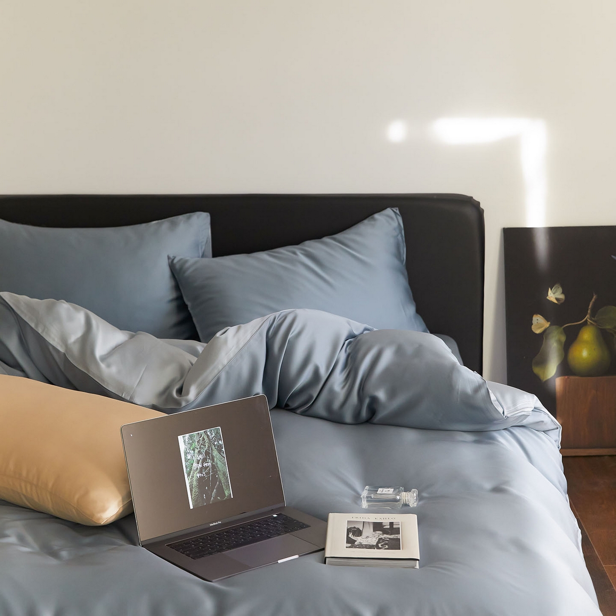 91家纺网 家纺一手货源 找家纺 群鹿蚕丝羽绒馆 2025新款60支兰精天丝纯色双拼四件套 灰蓝色-冰川灰