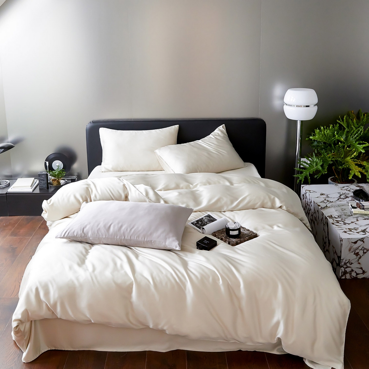 91家纺网 家纺一手货源 找家纺 群鹿蚕丝羽绒馆 2025新款60支兰精天丝纯色双拼四件套 极地白