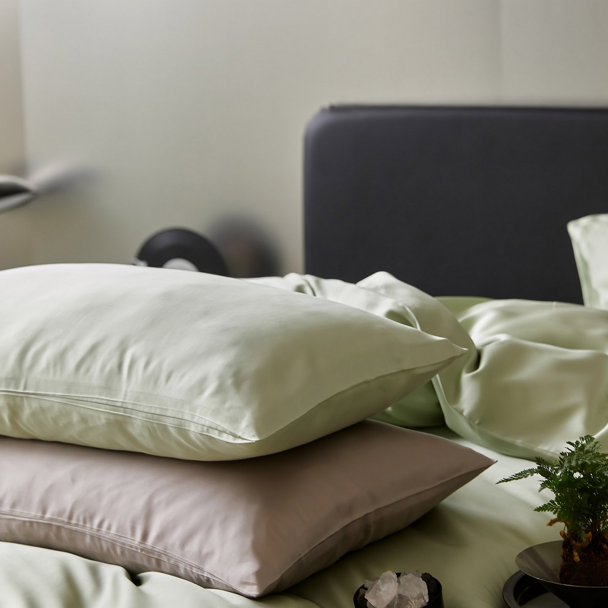 91家纺网 家纺一手货源 找家纺 群鹿蚕丝羽绒馆 2025新款60支兰精天丝纯色双拼四件套 嫩叶绿