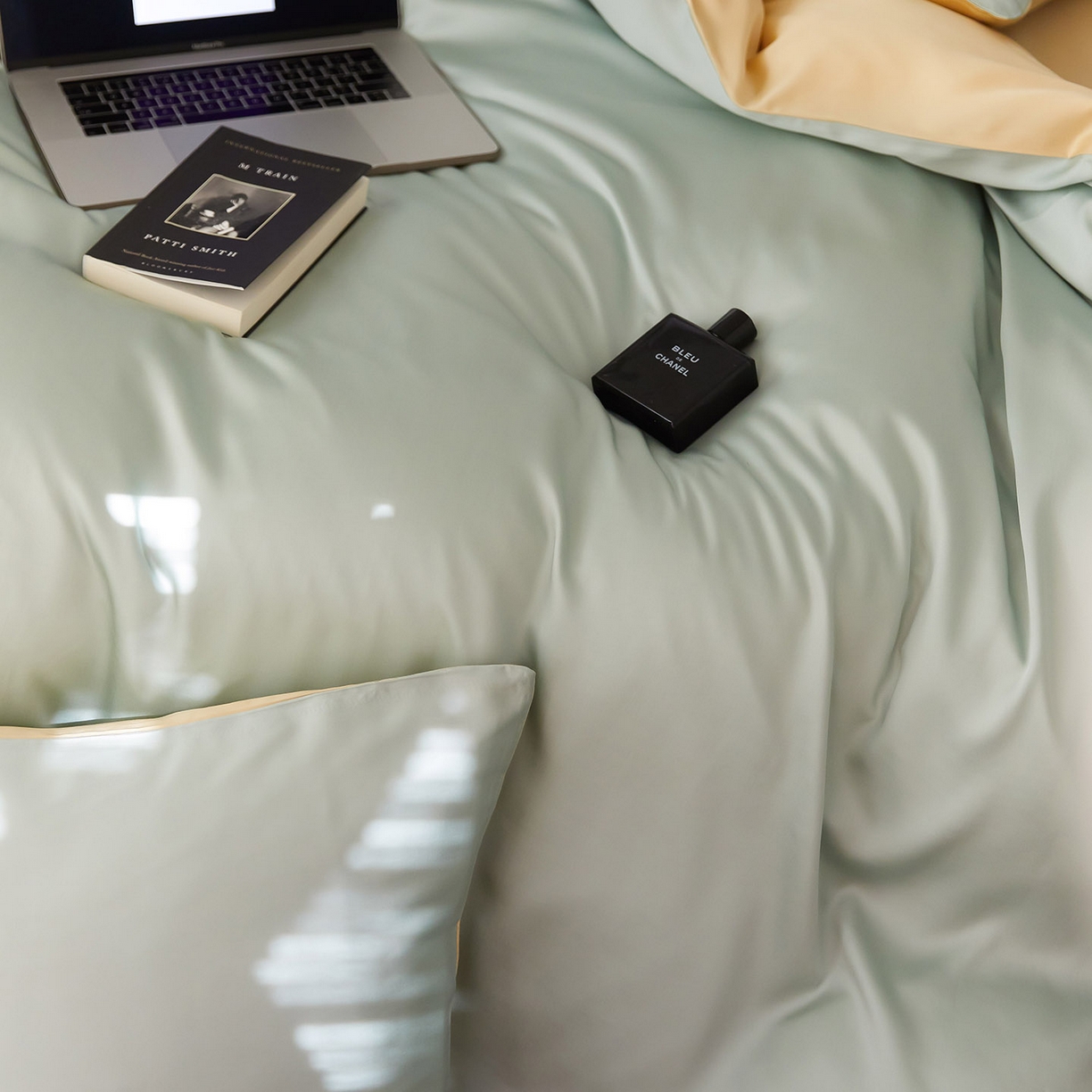 91家纺网 家纺一手货源 找家纺 群鹿蚕丝羽绒馆 2025新款60支兰精天丝纯色双拼四件套 浅艾绿-香槟金