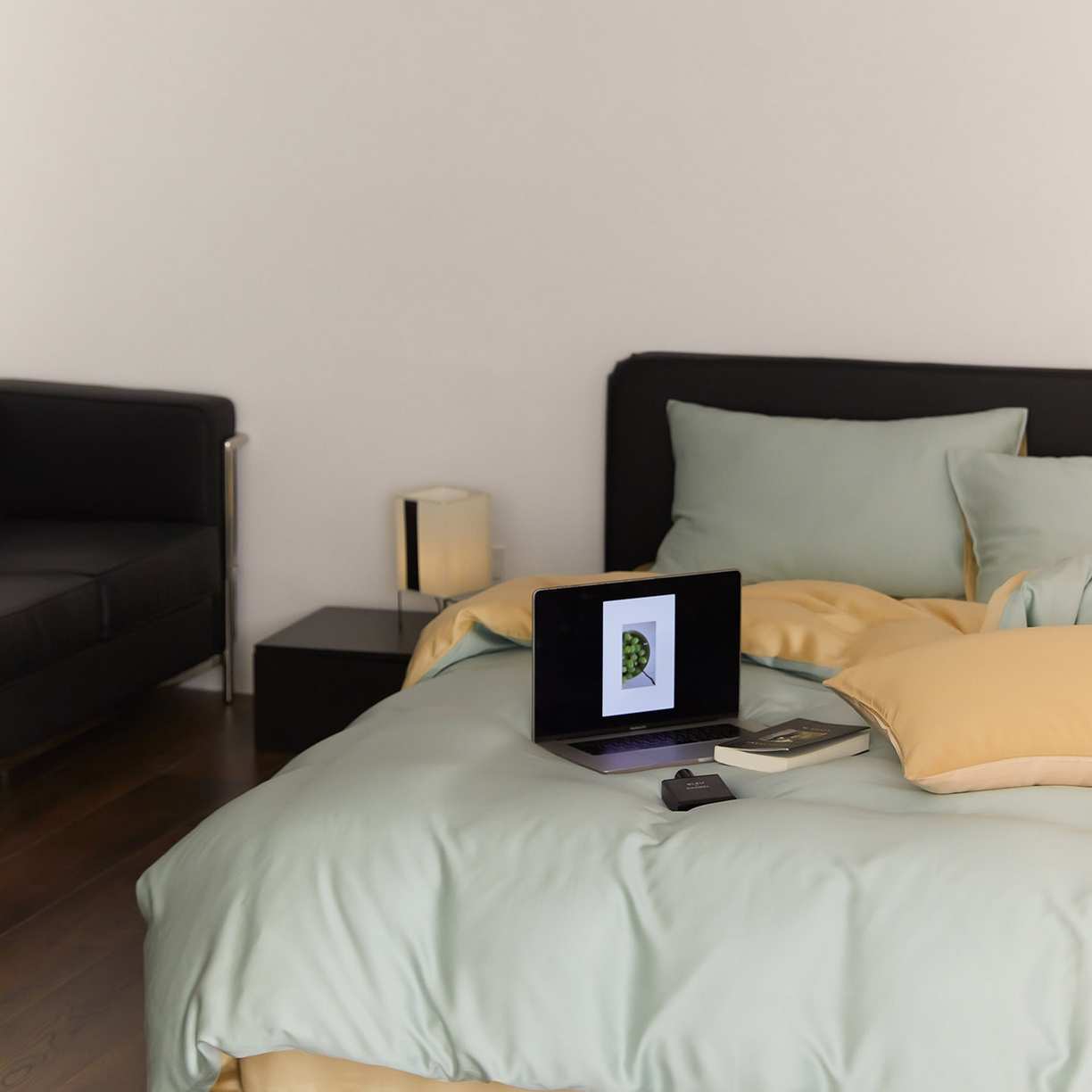 91家纺网 家纺一手货源 找家纺 群鹿蚕丝羽绒馆 2025新款60支兰精天丝纯色双拼四件套 浅艾绿-香槟金