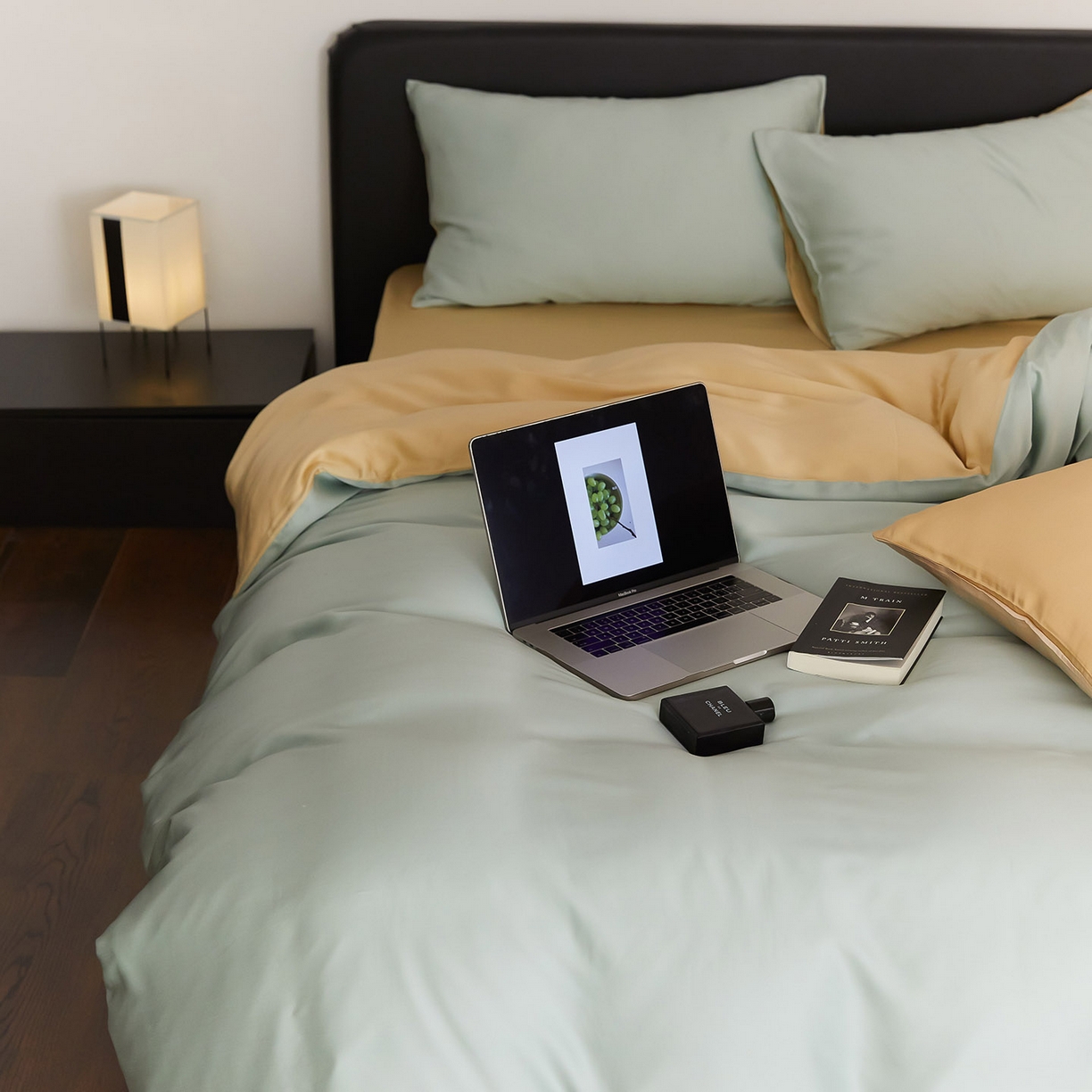 91家纺网 家纺一手货源 找家纺 群鹿蚕丝羽绒馆 2025新款60支兰精天丝纯色双拼四件套 浅艾绿-香槟金