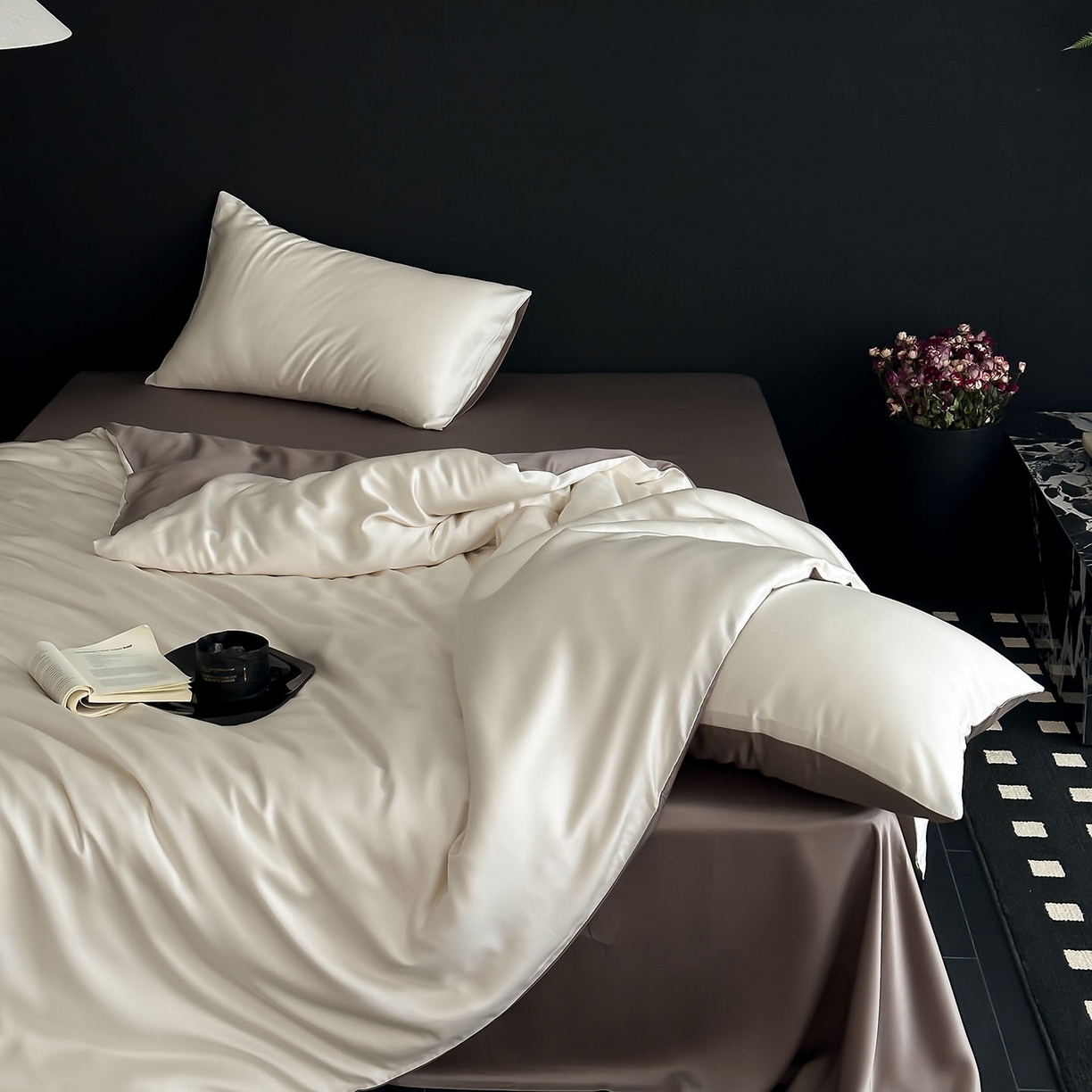 群鹿蚕丝羽绒馆 2025新款60支兰精天丝纯色双拼四件套 乳蛋白-冷岩灰