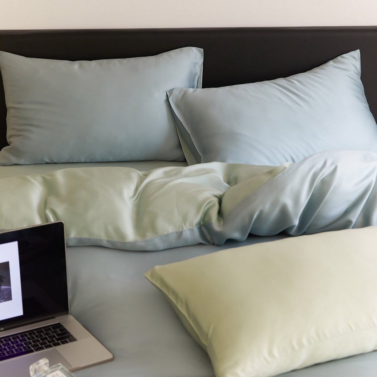 91家纺网 家纺一手货源 找家纺 群鹿蚕丝羽绒馆 2025新款60支兰精天丝纯色双拼四件套 天空蓝-浅艾绿