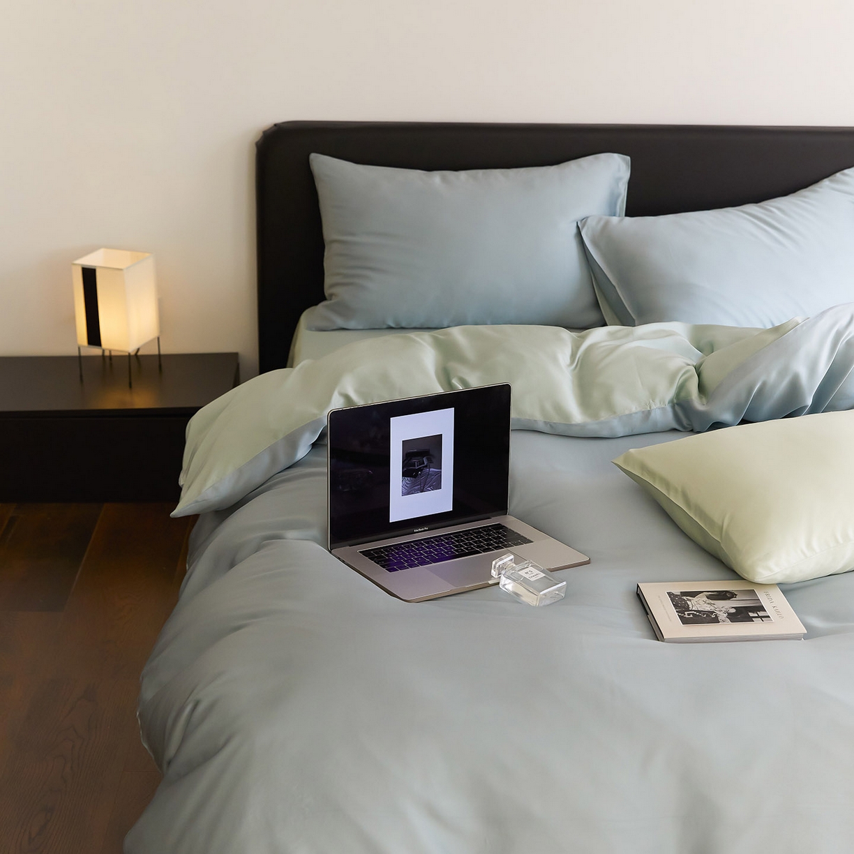 91家纺网 家纺一手货源 找家纺 群鹿蚕丝羽绒馆 2025新款60支兰精天丝纯色双拼四件套 天空蓝-浅艾绿