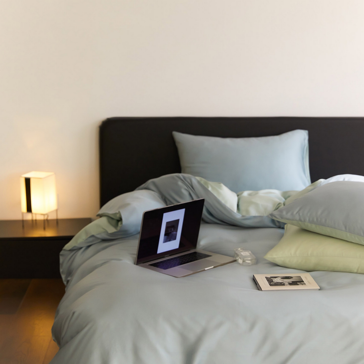 91家纺网 家纺一手货源 找家纺 群鹿蚕丝羽绒馆 2025新款60支兰精天丝纯色双拼四件套 天空蓝-浅艾绿