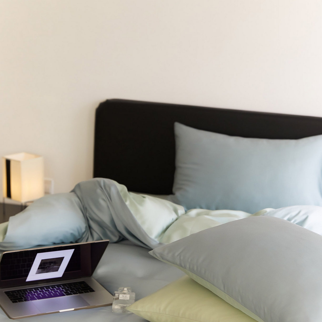 91家纺网 家纺一手货源 找家纺 群鹿蚕丝羽绒馆 2025新款60支兰精天丝纯色双拼四件套 天空蓝-浅艾绿