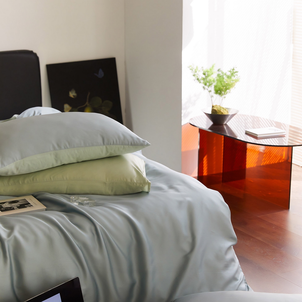 91家纺网 家纺一手货源 找家纺 群鹿蚕丝羽绒馆 2025新款60支兰精天丝纯色双拼四件套 天空蓝-浅艾绿