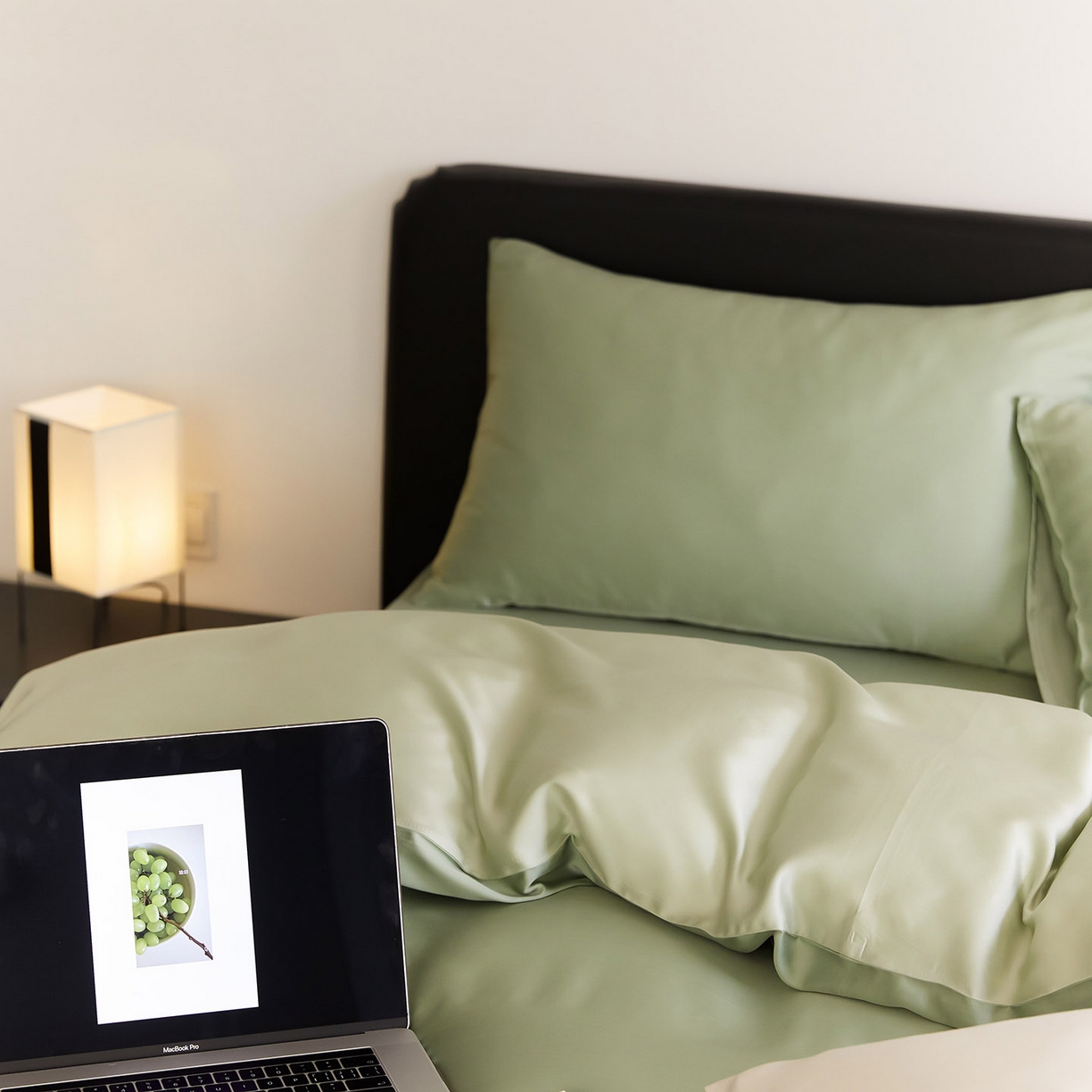 91家纺网 家纺一手货源 找家纺 群鹿蚕丝羽绒馆 2025新款60支兰精天丝纯色双拼四件套 香奈儿绿-嫩叶绿