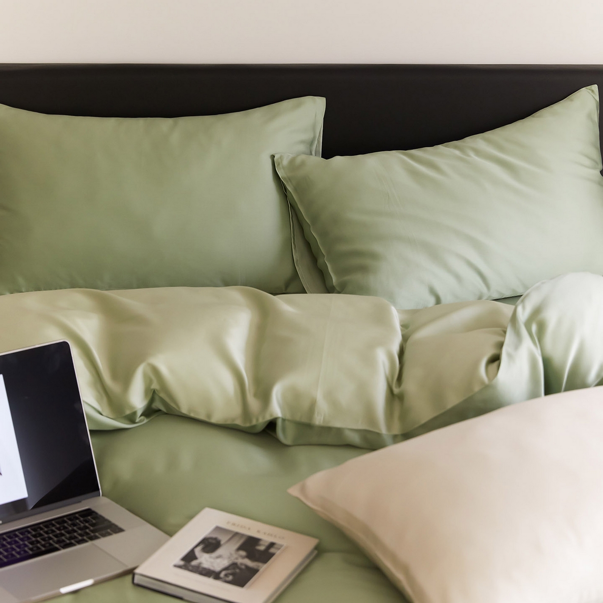 91家纺网 家纺一手货源 找家纺 群鹿蚕丝羽绒馆 2025新款60支兰精天丝纯色双拼四件套 香奈儿绿-嫩叶绿