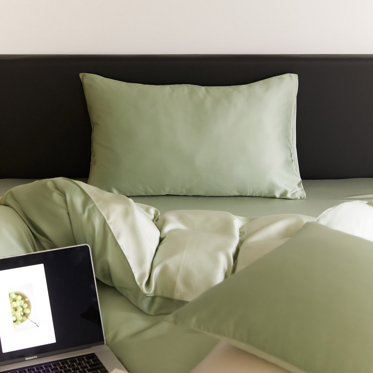 91家纺网 家纺一手货源 找家纺 群鹿蚕丝羽绒馆 2025新款60支兰精天丝纯色双拼四件套 香奈儿绿-嫩叶绿