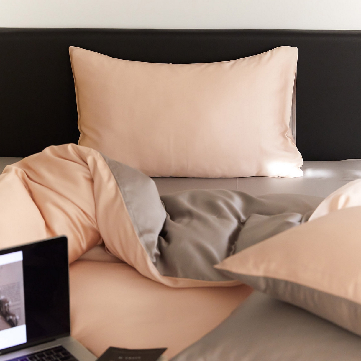 91家纺网 家纺一手货源 找家纺 群鹿蚕丝羽绒馆 2025新款60支兰精天丝纯色双拼四件套 月光色-岩石灰