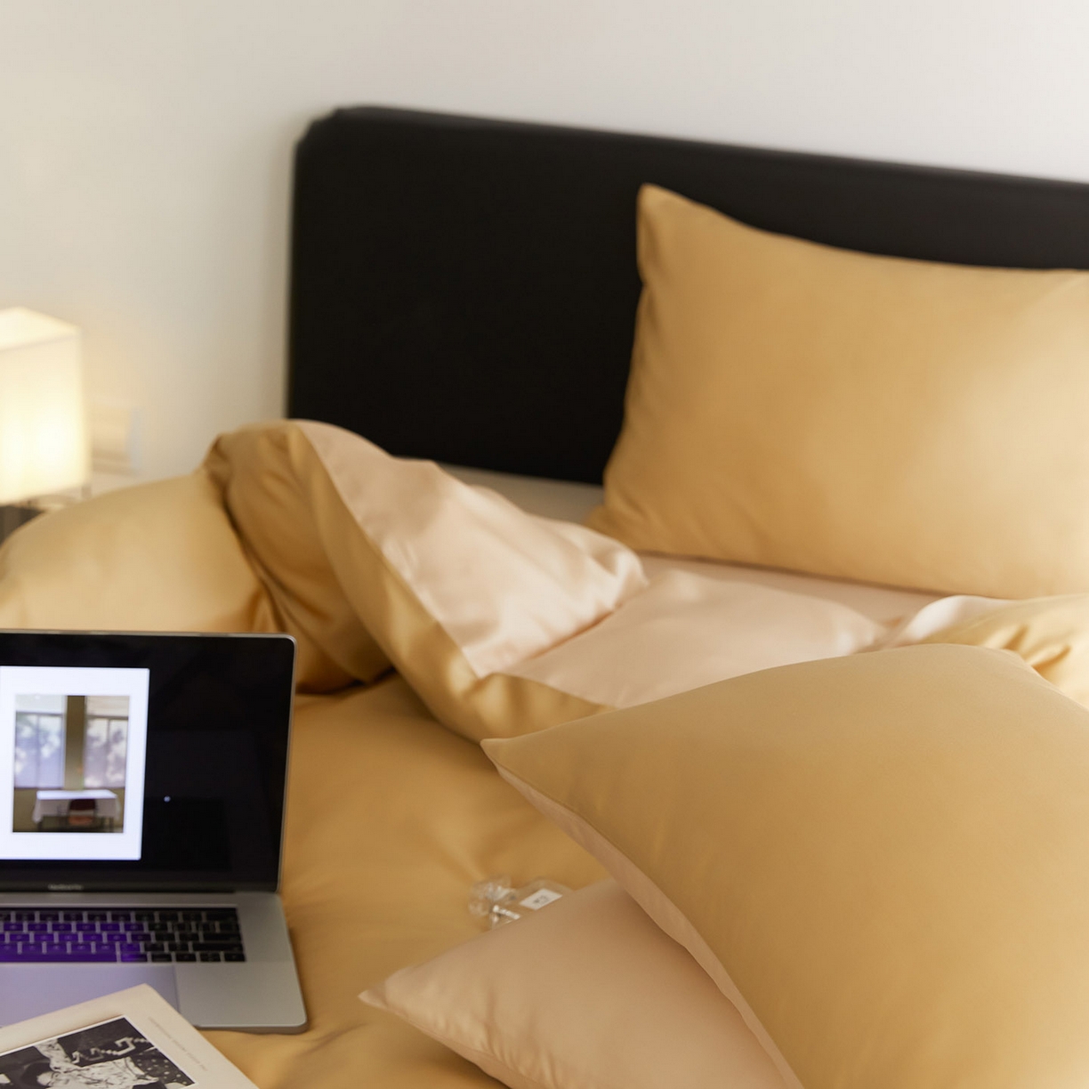 91家纺网 家纺一手货源 找家纺 群鹿蚕丝羽绒馆 2025新款60支兰精天丝纯色双拼四件套 芝士黄-沙茶色