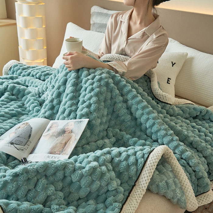 91家纺网 家纺一手货源 找家纺 乐家欣 2025新款A类金龟绒多功能毛毯高克重法莱绒牛奶绒贝贝绒保暖毛毯 湖水绿