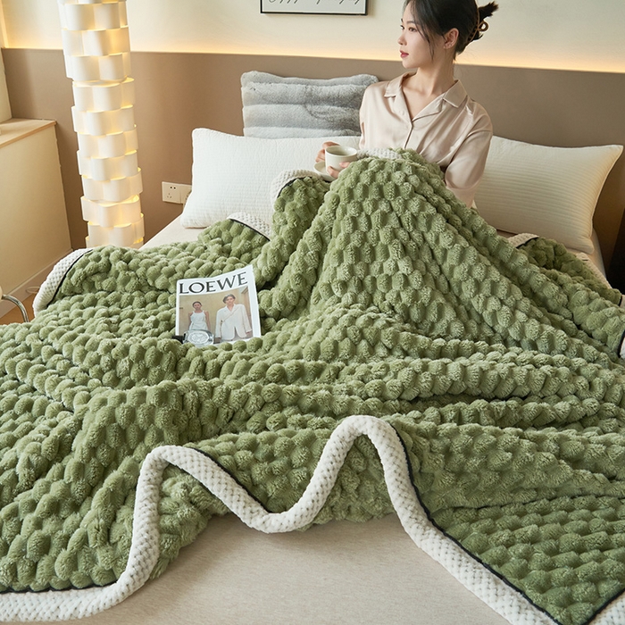 91家纺网 家纺一手货源 找家纺 乐家欣 2025新款A类金龟绒多功能毛毯高克重法莱绒牛奶绒贝贝绒保暖毛毯 冷淡绿