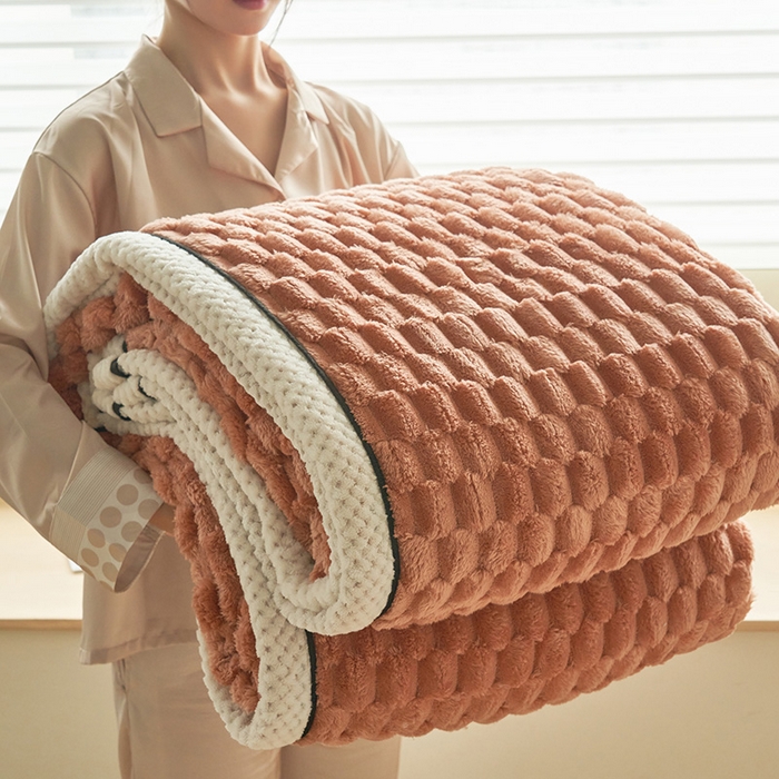 乐家欣 2025新款A类金龟绒多功能毛毯高克重法莱绒牛奶绒贝贝绒保暖毛毯 暖橘