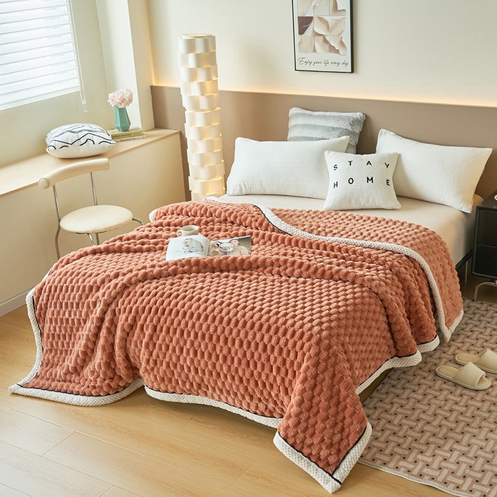 91家纺网 家纺一手货源 找家纺 乐家欣 2025新款A类金龟绒多功能毛毯高克重法莱绒牛奶绒贝贝绒保暖毛毯 暖橘