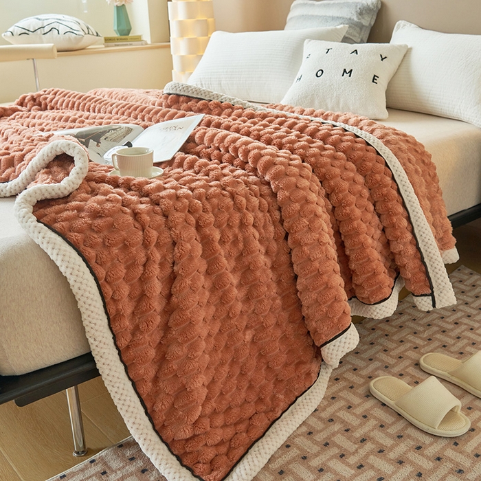 91家纺网 家纺一手货源 找家纺 乐家欣 2025新款A类金龟绒多功能毛毯高克重法莱绒牛奶绒贝贝绒保暖毛毯 暖橘